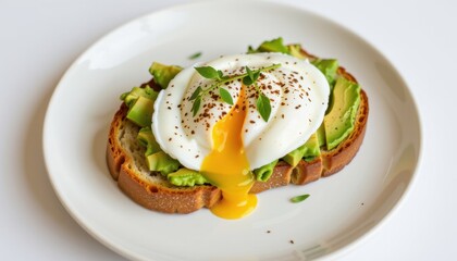 avocado toast with poached egg on a clean plate, space at the top for text, white background