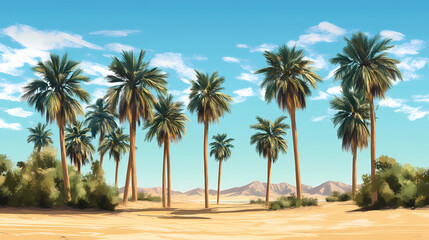 Lush green palm trees standing tall against the bright blue sky in a desert oasis creating a tranquil mirage scene. Blue Mirage. Illustration