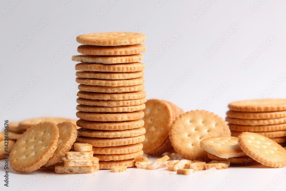 Poster a stack of round crackers with more crackers scattered around on a white background. stack of cookie