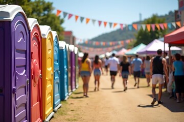 Row Of Colorful Portable Toilets Stands Along A Path With People And Bunting, outdoor event, public sanitation