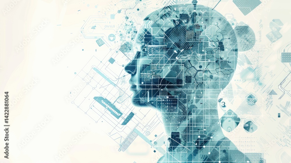 Poster this abstract image visually represents the concept of human thought intertwined with technology, sh