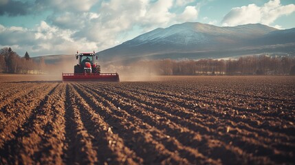 Fototapeta premium Red tractor cultivates the field with a mountain backdrop