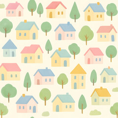 Cute pastel seamless pattern of kawaii houses and trees in a minimal village environment