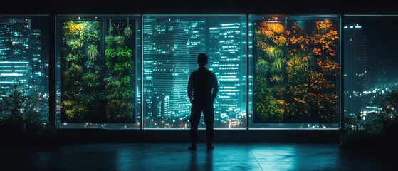 Man stands before living walls in futuristic urban setting