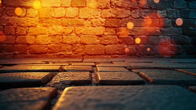 Illuminated Brick Wall & Stone Floor Abstract Background with Bokeh Light Effect