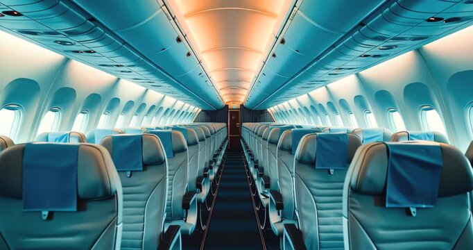 Empty airplane or aircraft cabin, business class passenger room is ready to fly. - Slow dolly in camera.