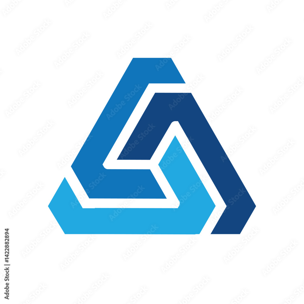 Poster a flat abstract logo of a triangle shape consists of three connected segments in blue