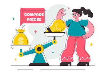 Illustration of Comparing Prices and Inflation in the Economy, featuring a Balance Scale with Goods and Price Tags to Represent Economic Value Changes