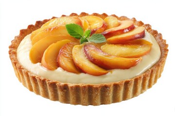 A delectable peach tart with creamy filling and a sprig of mint on a white background