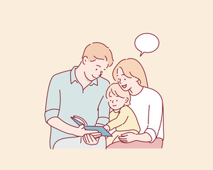 Family with little son reading book on sofa in living room. Hand drawn style vector design illustrations.