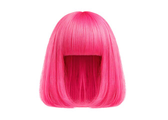 Vibrant pink bob wig with blunt bangs on a transparent background. Perfect for cosplay, fashion, or costume.