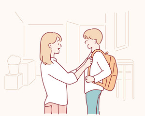 getting ready, morning and a mother with a child for school.Hand drawn style vector design illustrations.