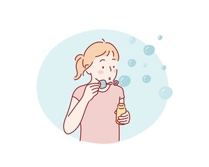  girl blowing soap bubbles on a sunset. Child having fun.  Funny activities for kids. Hand drawn style vector design illustrations.
