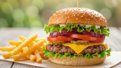 tasty burger with french fries