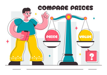 Illustration of Comparing Prices and Inflation in the Economy, featuring a Balance Scale with Goods and Price Tags to Represent Economic Value Changes