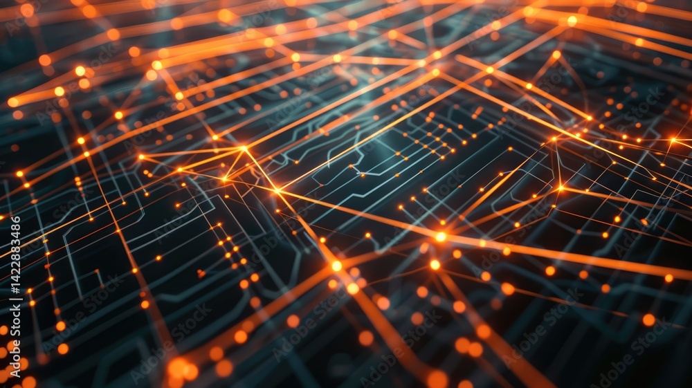 Poster this abstract image showcases a digital network with converging lines and illuminated nodes, represe