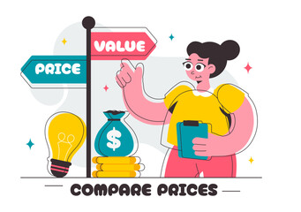 Illustration of Comparing Prices and Inflation in the Economy, featuring a Balance Scale with Goods and Price Tags to Represent Economic Value Changes