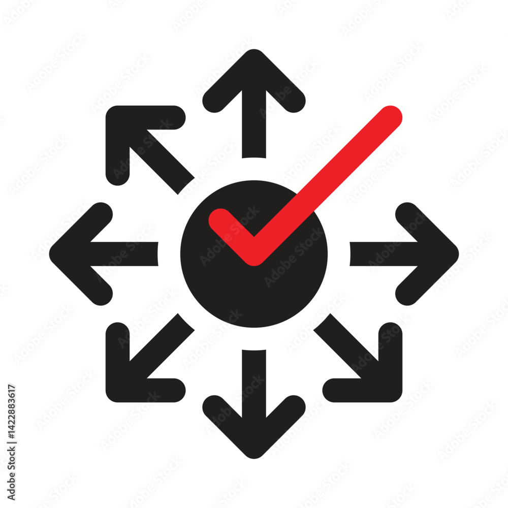 Poster the image shows a flat abstract logo design of arrows pointing to many directions and a checkmark