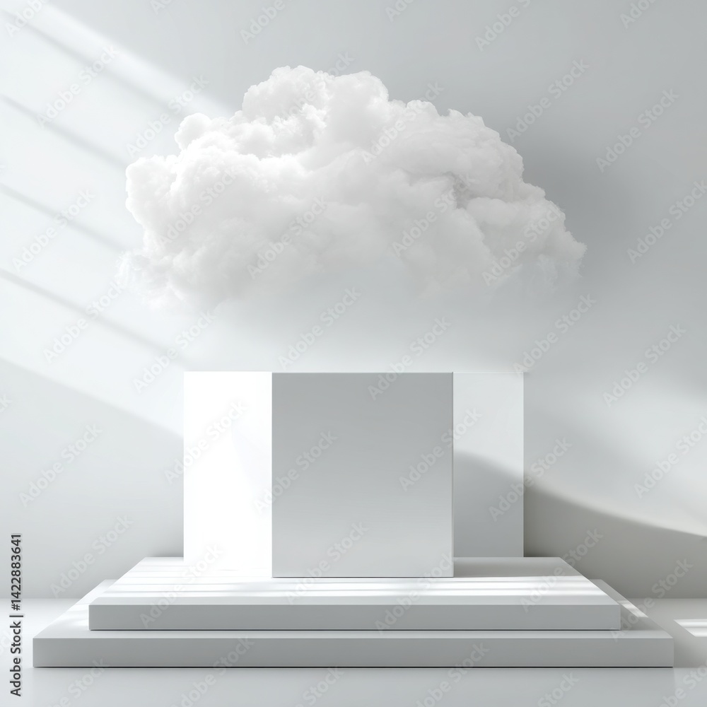 Poster white cube on a platform with a cloud above in a minimalist setting with soft lighting effects near 