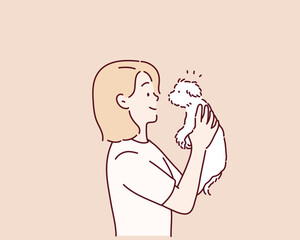 Female pet owner plays with little dog. Caring for four-footed friend concept. Happy man holding cute puppy friend. Hand drawn style vector design illustrations.