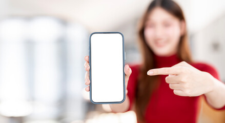 Mock up phone in woman hand, pointing and  showing white screen