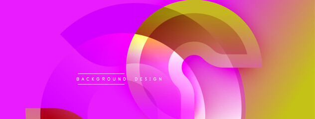 Vibrant abstract composition. Overlapping translucent circles create dynamic flow. Pink, yellow, orange hues dominate design. Modern aesthetic, suitable for backgrounds.