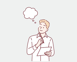 woman thinks, holds pen and paper, writing down, making notes, standing over white background. Hand drawn style vector design illustrations.