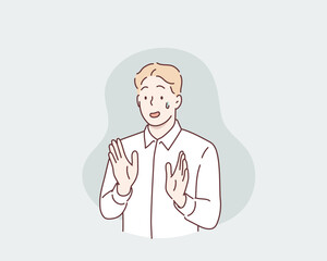 Woman Showing Discomfort and Refusal with Hands Raised. Hand drawn style vector design illustrations.