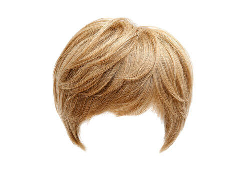 Blond wig on transparent background. Short blond hair wig.