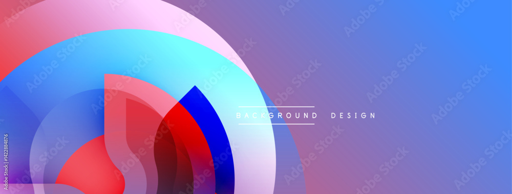 Poster Abstract colorful design features overlapping circular layers. Gradient shades transition from pink, blue, red to purple creating dynamic visual effect. Modern background.