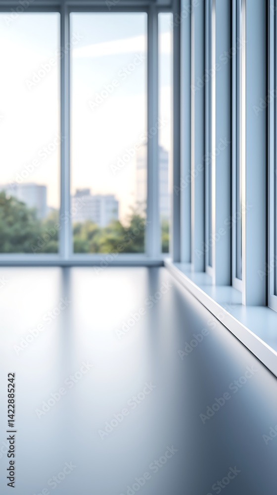 Poster a modern interior view showing large windows with a sleek surface and a backdrop of cityscape and gr