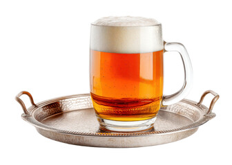 Mug of beer with foam on a silver tray against a transparent background. Concept of celebration, refreshment, and beverage.