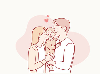 Family concept. Mother and father with child together. Father holding kid.Hand drawn style vector design illustrations.