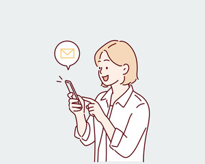 Woman Messaging With Phone. Hand drawn style vector design illustrations.