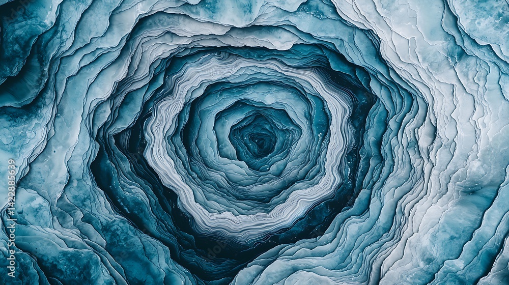 Poster a mesmerizing spiral pattern featuring layered textures in shades of blue, evoking a sense of depth 