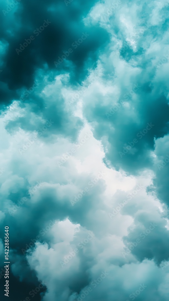 Poster a serene view of swirling clouds in shades of teal and white, creating a tranquil and ethereal atmos