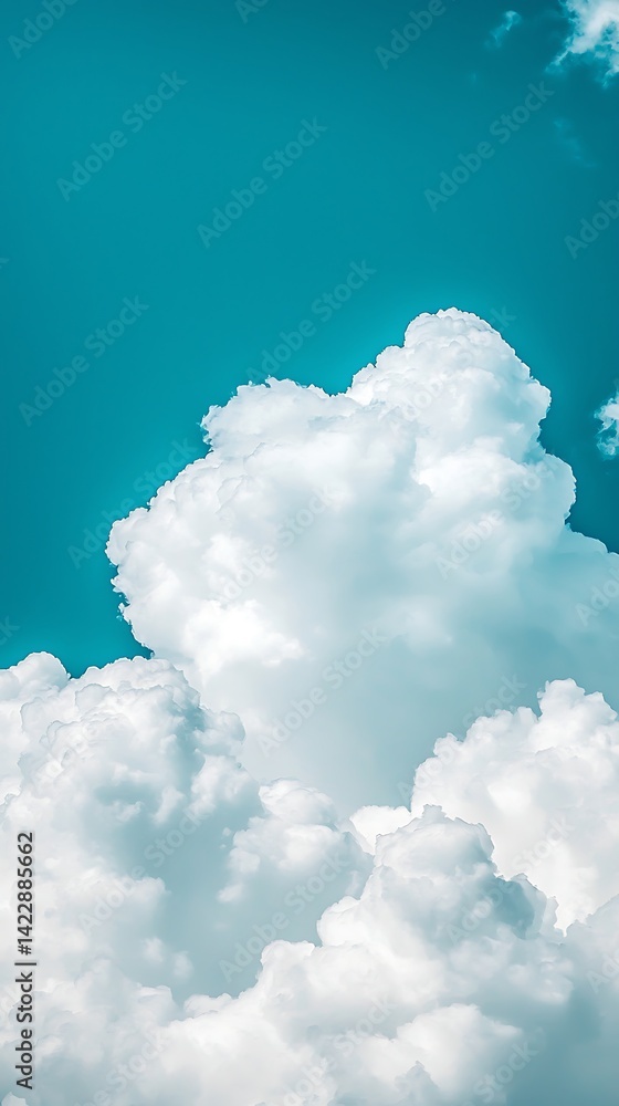 Poster a serene view of fluffy white clouds against a bright turquoise sky, creating a tranquil and uplifti