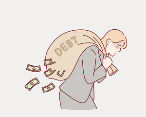 Tried businessman carrying big debt money bag losing money banknotes, debt burden, financial obligation or loan payment, heavy load of money failure, mortgage or borrowing money problem.