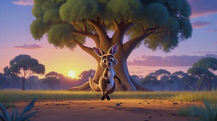 Playful kangaroo hopping at sunset under a sprawling tree in the Australian outback