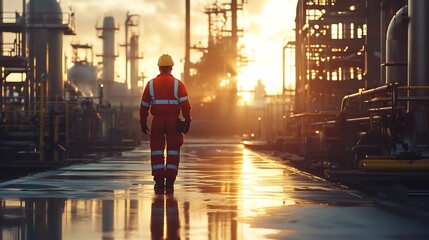 Worker Walking Towards Sunset at Refinery: An Industrial Golden Hour Scene