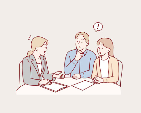man and woman couple receiving an explanation from a woman in a suit. Hand drawn style vector design illustrations.
