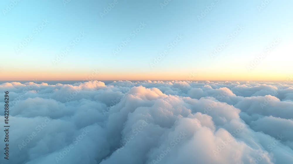 Poster a serene view of fluffy clouds illuminated by soft sunlight, creating a peaceful atmosphere in the s