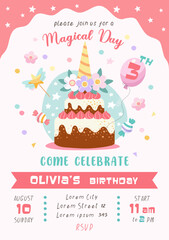 birthday cake with balloon , magical party rainbow, star, vertical invitation card, template vector