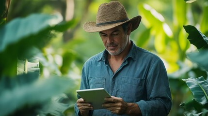 Man using tablet in a tropical banana farm setting