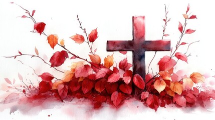 cross with leaves clipart watercolor illustration detailed illustration - image stock