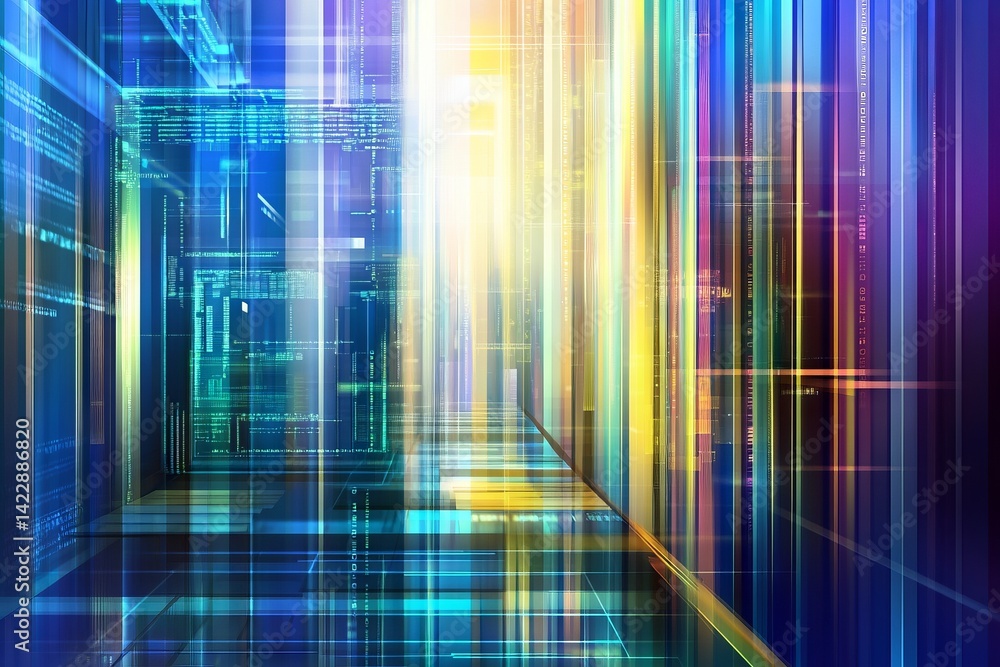 Aufkleber a colorful, abstract image of a building with blue, yellow, and green stripes. symbolizing the inter