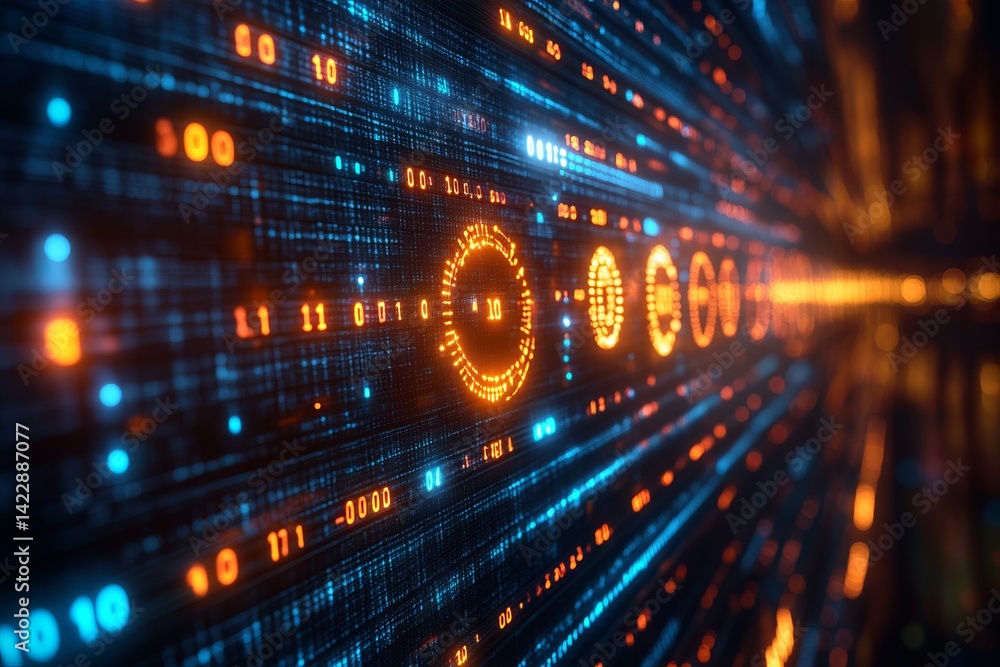 Poster a computer screen with a blue and orange line of numbers. symbolizing the intersection of big data w