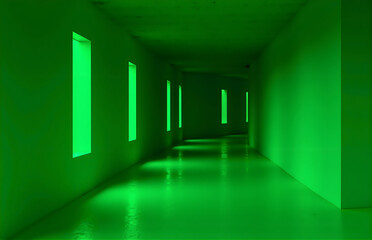 Green - Lit Corridor with Geometric Windows