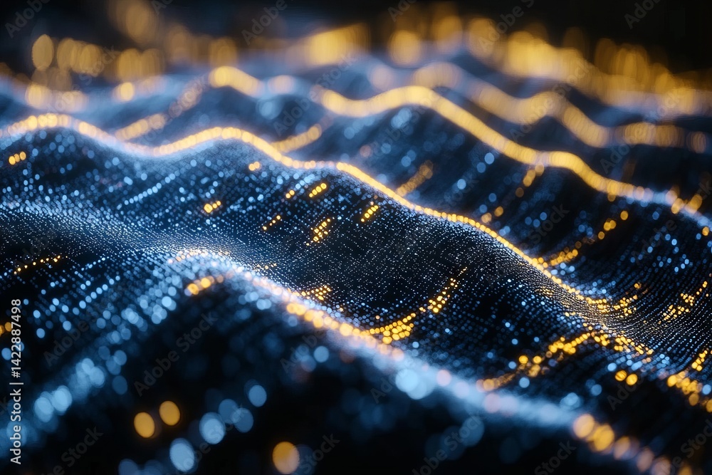Poster a wave of light and dark blue and orange colors. symbolizing the intersection of big data with exam 