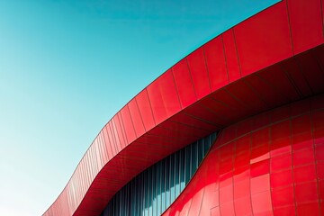 Red building exterior curve against blue sky.